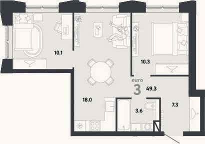 Планировка: 3-к, 49,3 м²