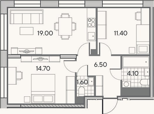 Планировка: 3-к, 57,3 м²