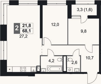 Планировка: 3-к, 66,5 м²