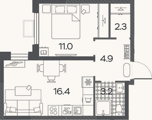 Планировка: 2-к, 37,8 м²