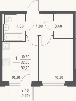 Планировка: 1-к, 32 м²