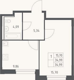 Планировка: 1-к, 35 м²