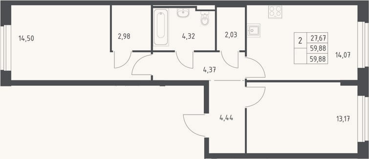 Планировка: 2-к, 59,9 м²