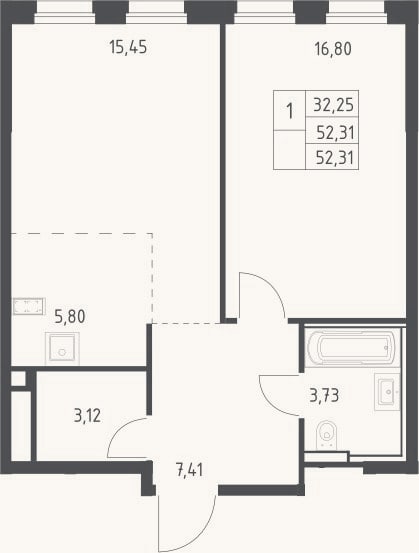 Планировка: 2-к, 52,3 м²