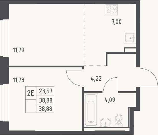 Планировка: 2-к, 38,9 м²
