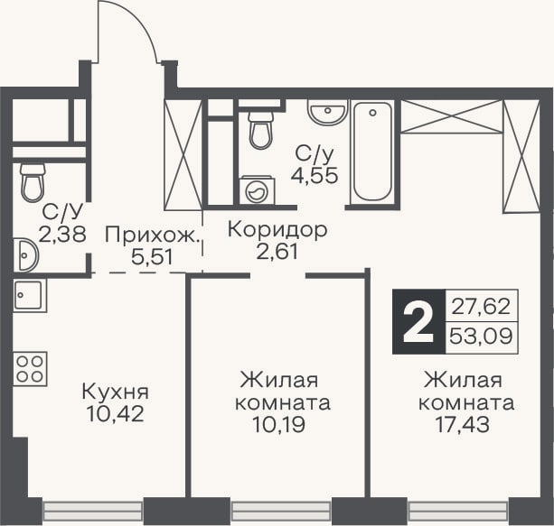 Планировка: 2-к, 53,1 м²