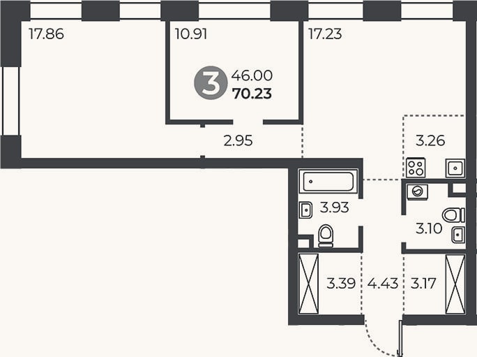 Планировка: 2-к, 70,2 м²
