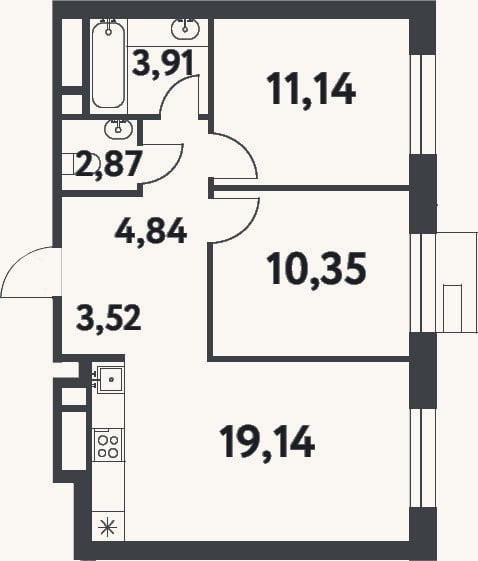 Планировка: 2-к, 55,8 м²