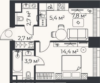 Планировка: 2-к, 37 м²