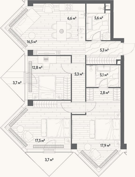 Планировка: 4+ к, 95,4 м²