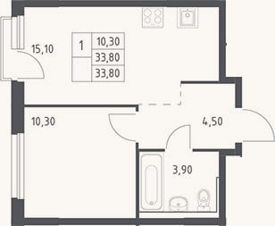 Планировка: 2-к, 33,8 м²