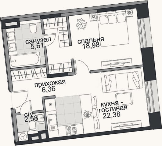 Планировка: 2-к, 57,1 м²