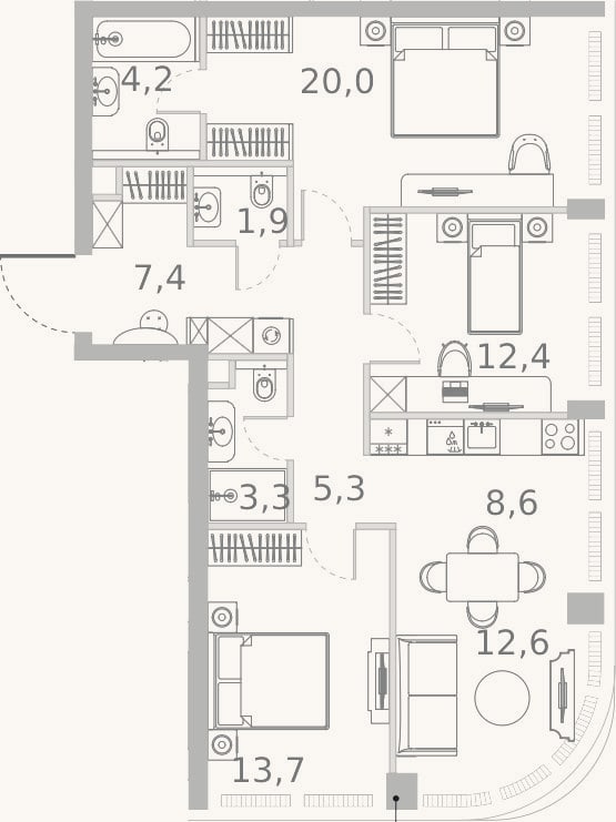 Планировка: 4+ к, 89,4 м²