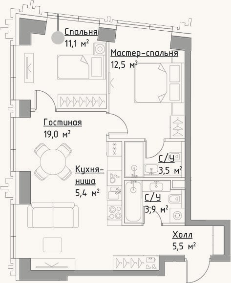 Планировка: 3-к, 60,9 м²