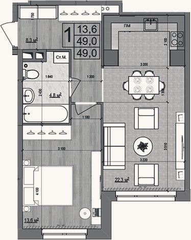 Планировка: 2-к, 49 м²