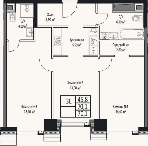 Планировка: 3-к, 70,1 м²