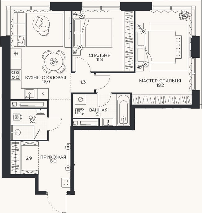 Планировка: 2-к, 68,7 м²