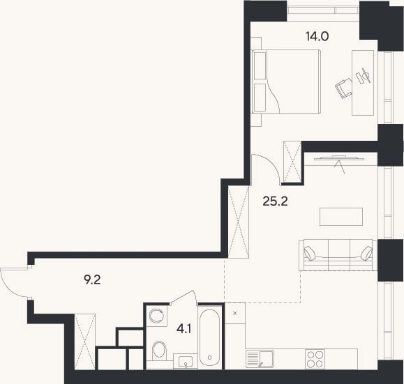 Планировка: 2-к, 52,5 м²