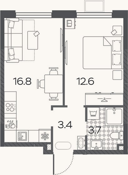 Планировка: 2-к, 36,5 м²