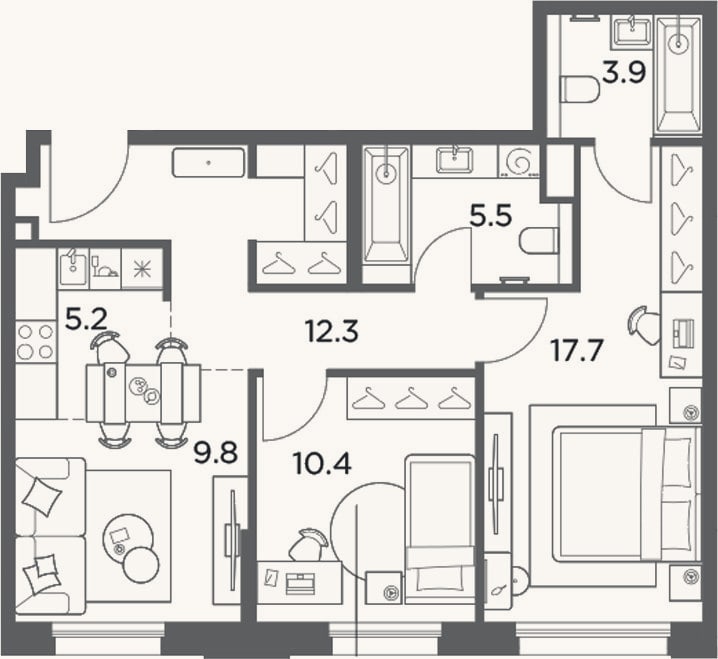 Планировка: 3-к, 64,8 м²