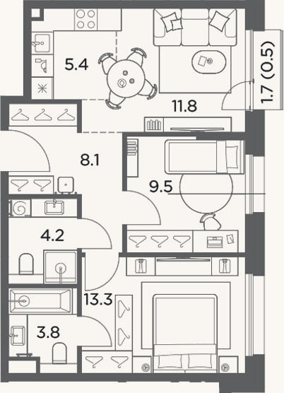 Планировка: 3-к, 56,1 м²