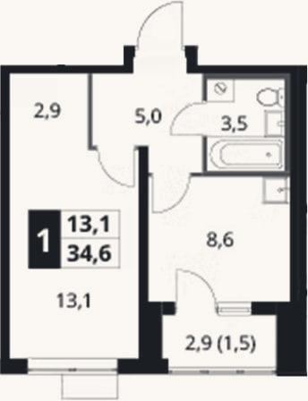 Планировка: 1-к, 33,1 м²