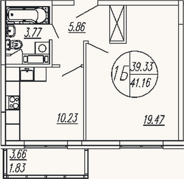 Планировка: 1-к, 39,3 м²