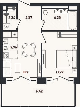 Планировка: 2-к, 41,1 м²
