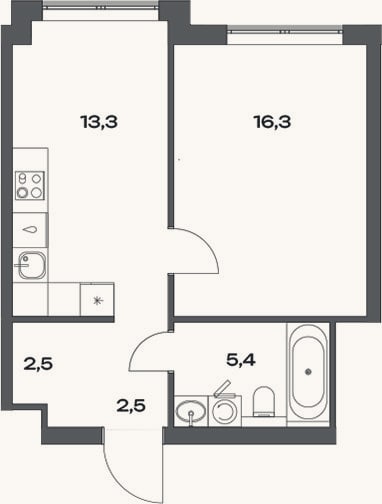 Планировка: 1-к, 40 м²