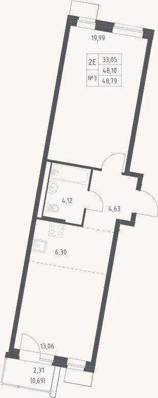 Планировка: 2-к, 48,1 м²