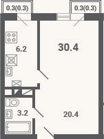 Планировка: 1-к, 29,8 м²