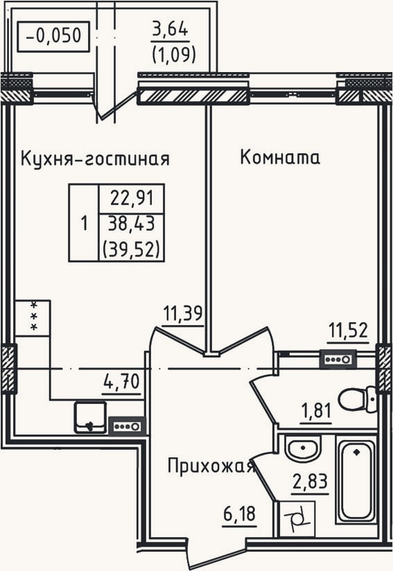 Планировка: 2-к, 38,4 м²