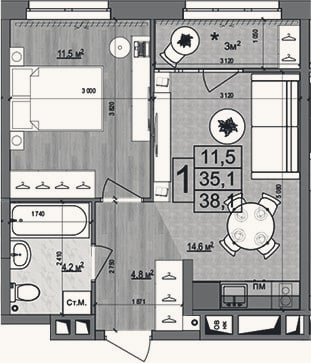 Планировка: 1-к, 35,1 м²