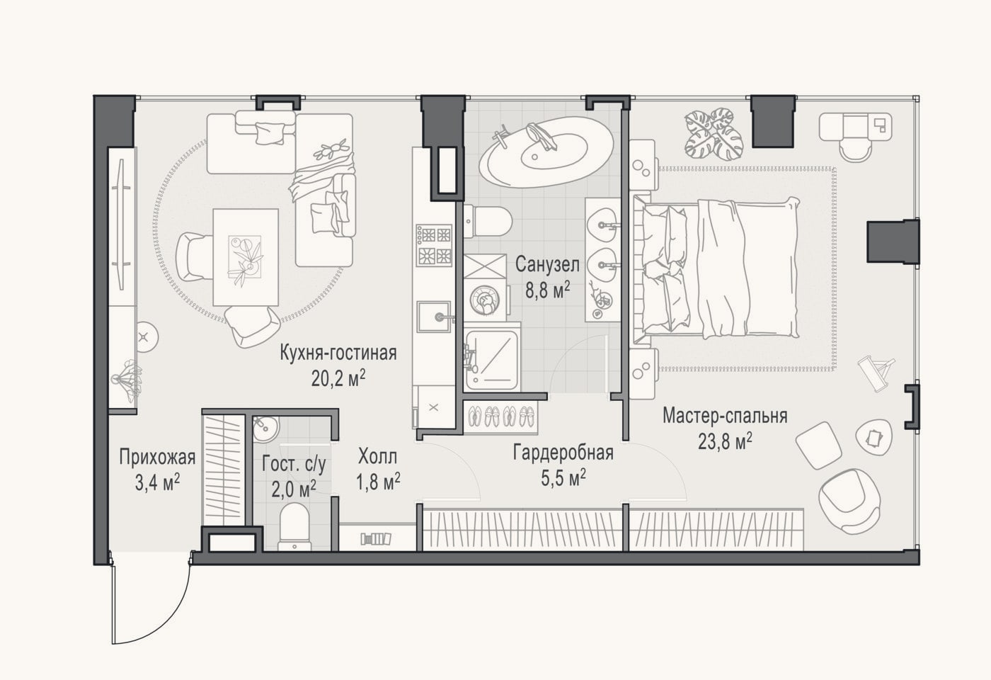 Планировка: 2-к, 65,9 м²