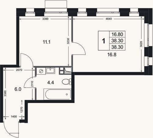 Планировка: 1-к, 38,3 м²