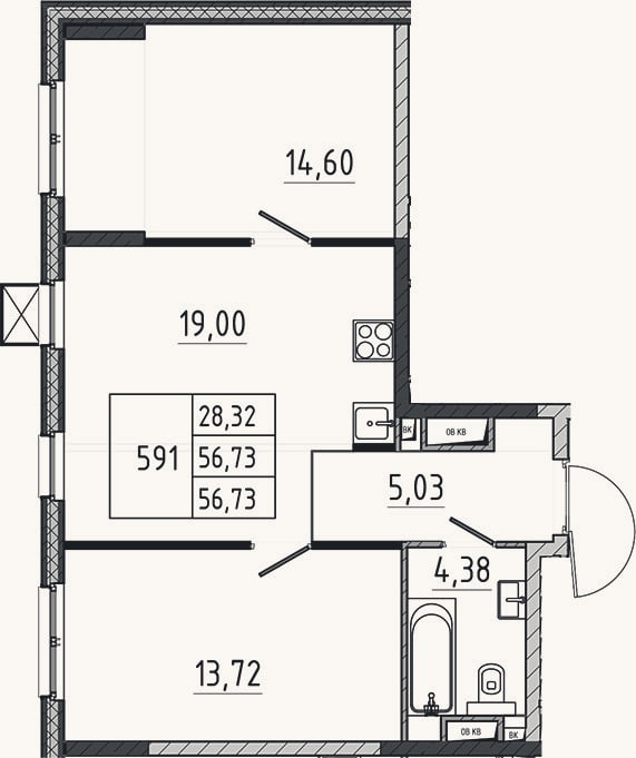 Планировка: 3-к, 56,7 м²