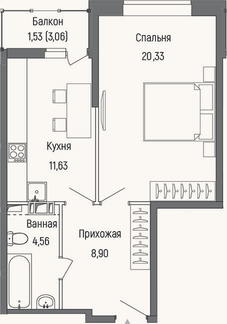 Планировка: 1-к, 42,9 м²