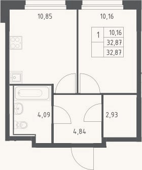 Планировка: 1-к, 32,9 м²