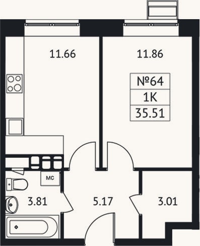 Планировка: 1-к, 35,5 м²