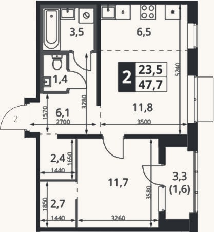 Планировка: 2-к, 47,2 м²