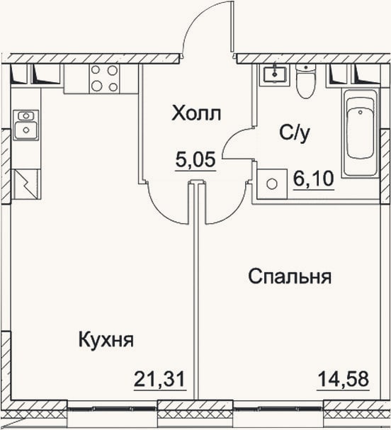 Планировка: 2-к, 47 м²