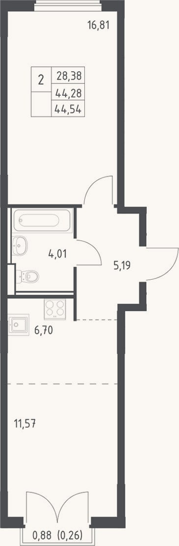 Планировка: 2-к, 44,3 м²