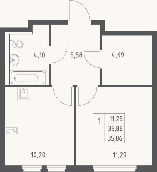 Планировка: 1-к, 35,9 м²