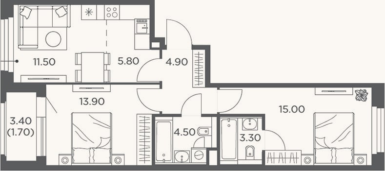 Планировка: 3-к, 59,2 м²