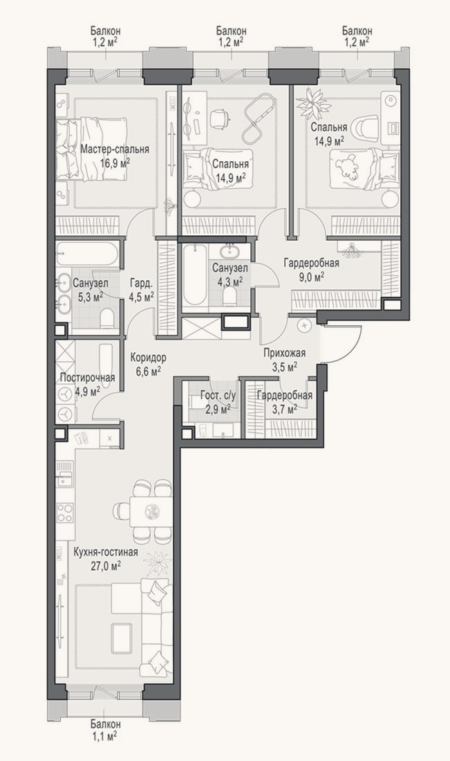 Планировка: 4+ к, 119,6 м²