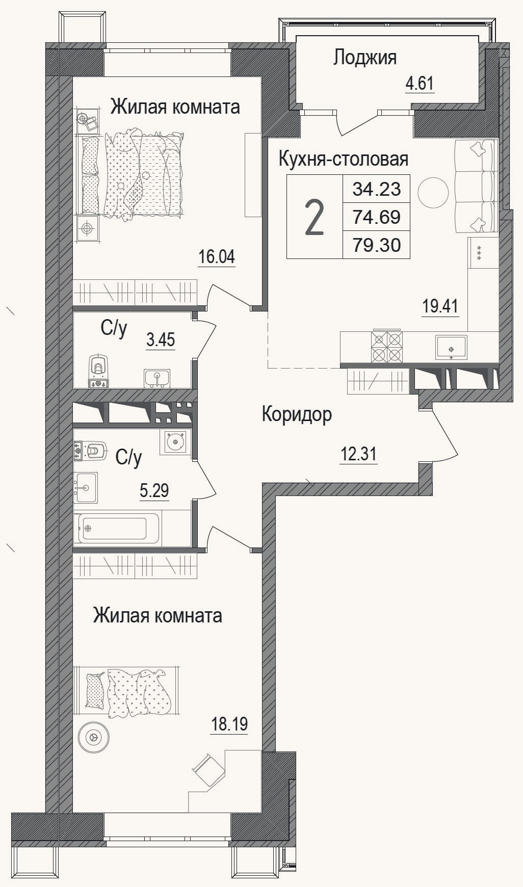 Планировка: 2-к, 73,5 м²