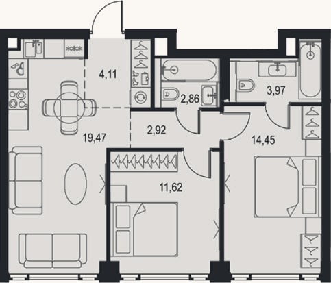Планировка: 3-к, 59,4 м²