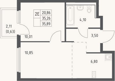 Планировка: 2-к, 35,3 м²
