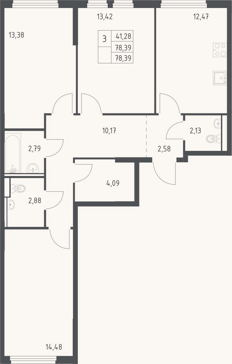 Планировка: 3-к, 78,4 м²