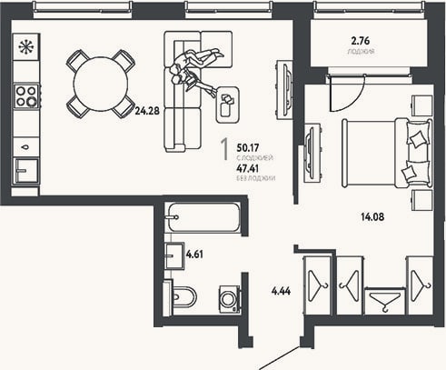 Планировка: 1-к, 47,4 м²